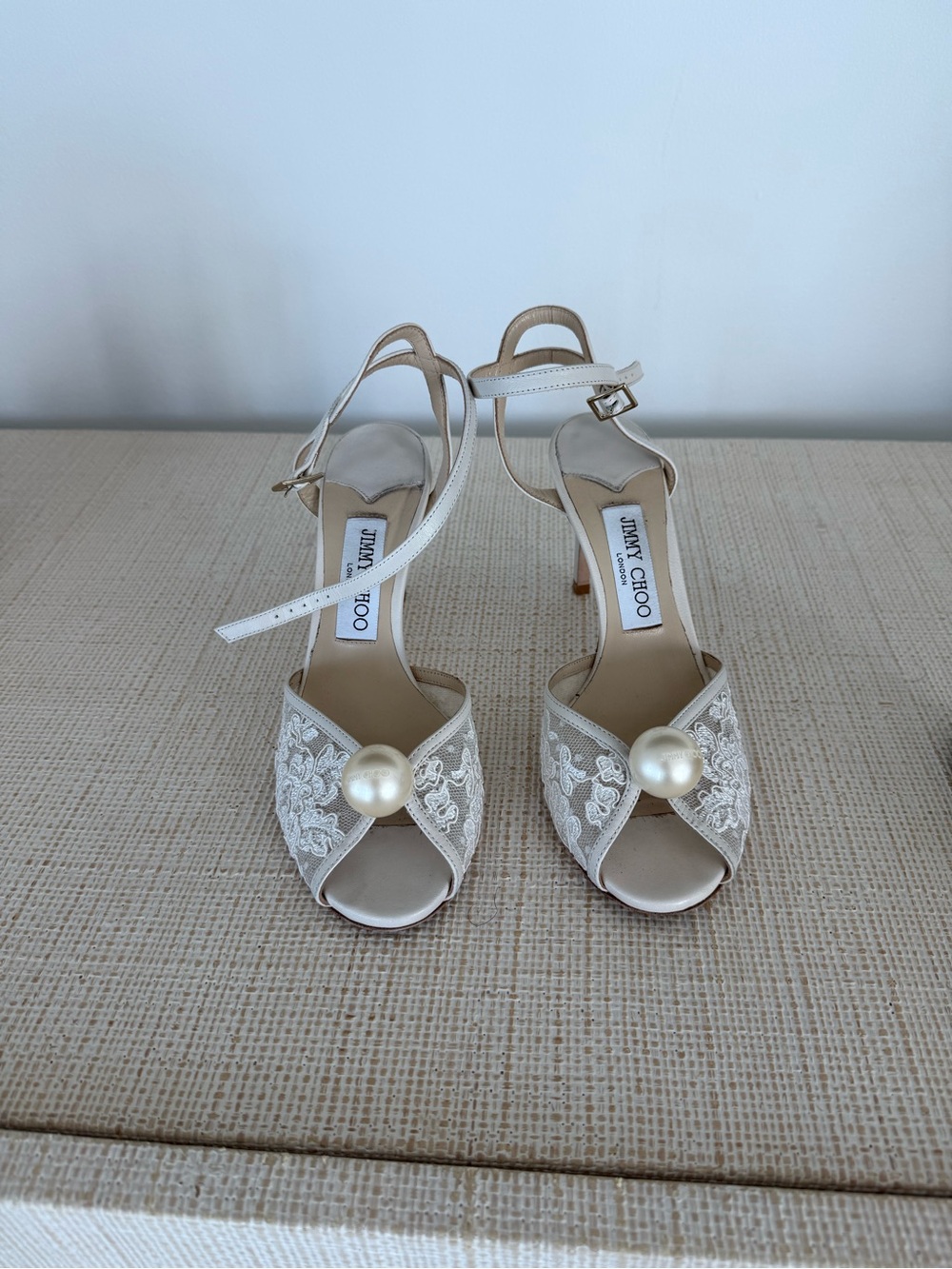 Jimmy Choo Ivory Floral Lace Sandals with Pearl Detail in Ivory/White